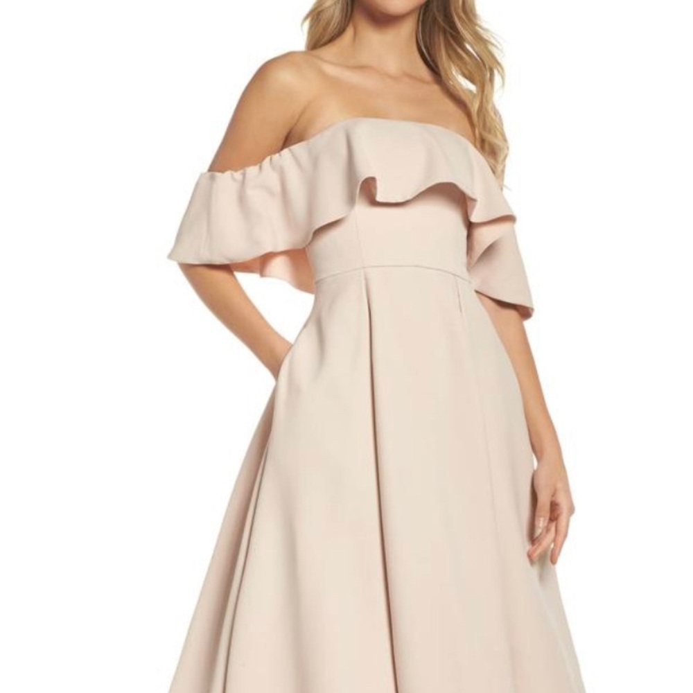 C/meo Collective in Blush Temptation Off The Shoulder Gown